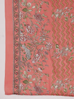 Thumbnail for Janasya Pleated Poly Cotton Peach Floral V-Neck Kurta,Bottom & Dupatta - Distacart