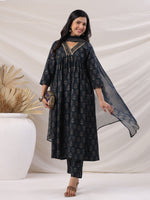 Thumbnail for Janasya Pleated Biscuit Slub Teal Ethnic Motifs V-Neck Kurta,Bottom & Dupatta - Distacart
