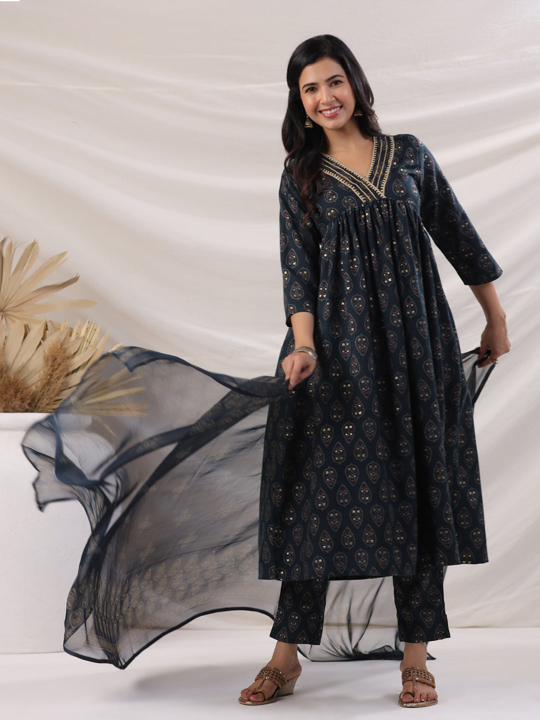 Janasya Pleated Biscuit Slub Teal Ethnic Motifs V-Neck Kurta,Bottom & Dupatta - Distacart