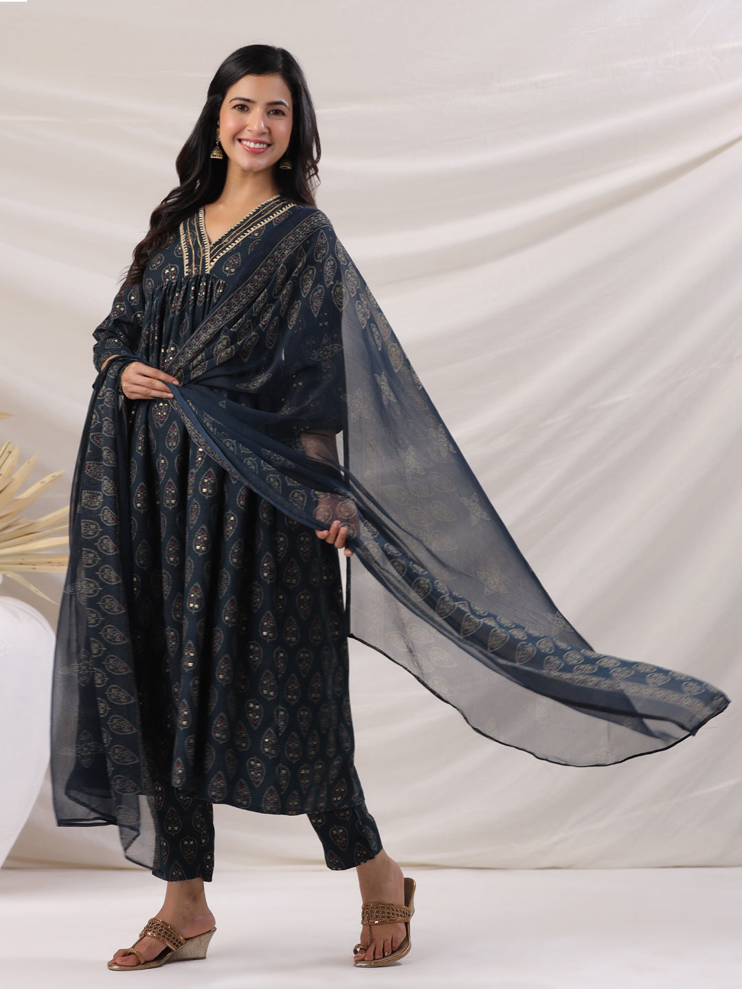 Janasya Pleated Biscuit Slub Teal Ethnic Motifs V-Neck Kurta,Bottom & Dupatta - Distacart