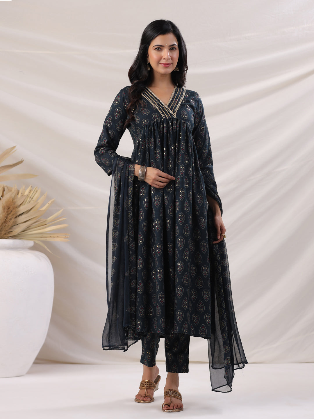 Janasya Pleated Biscuit Slub Teal Ethnic Motifs V-Neck Kurta,Bottom & Dupatta - Distacart