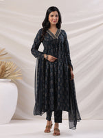 Thumbnail for Janasya Pleated Biscuit Slub Teal Ethnic Motifs V-Neck Kurta,Bottom & Dupatta - Distacart