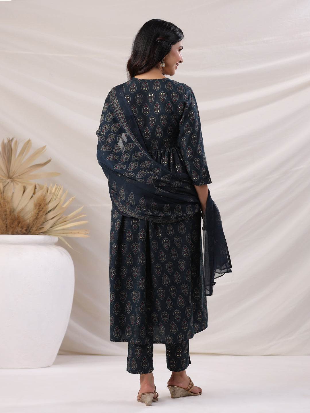 Janasya Pleated Biscuit Slub Teal Ethnic Motifs V-Neck Kurta,Bottom & Dupatta - Distacart