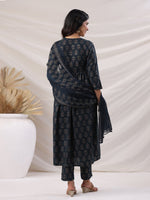 Thumbnail for Janasya Pleated Biscuit Slub Teal Ethnic Motifs V-Neck Kurta,Bottom & Dupatta - Distacart