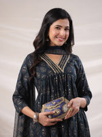 Thumbnail for Janasya Pleated Biscuit Slub Teal Ethnic Motifs V-Neck Kurta,Bottom & Dupatta - Distacart