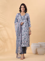 Thumbnail for Janasya Regular Biscuit Slub Grey Gemometric Square Neck Kurta,Bottom & Dupatta - Distacart