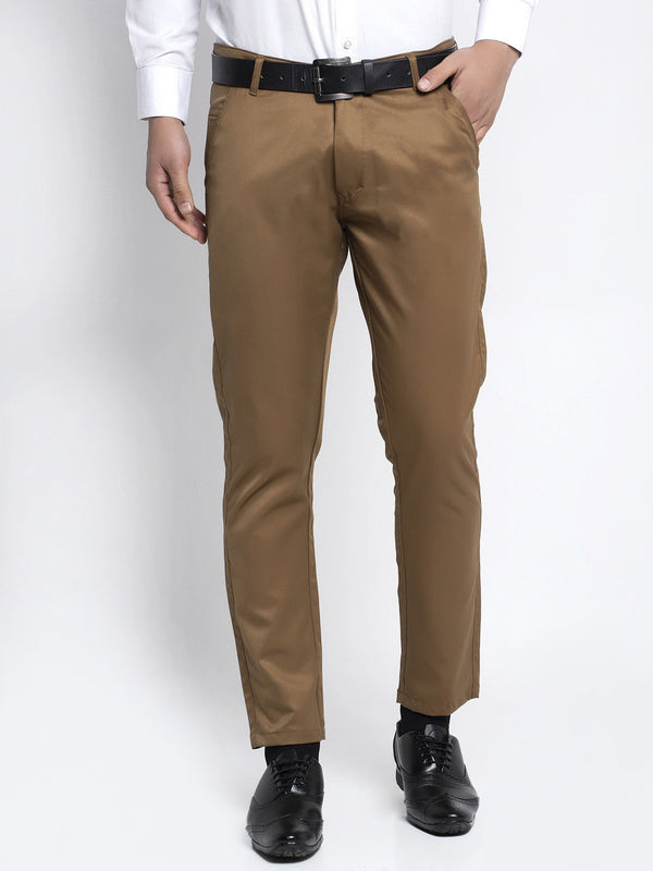 Jainish Men's Brown Tapered Fit Formal Trousers - Distacart