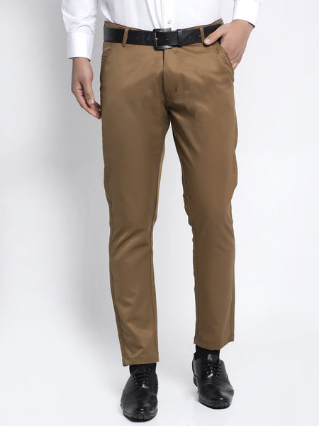 Jainish Men's Brown Tapered Fit Formal Trousers - Distacart