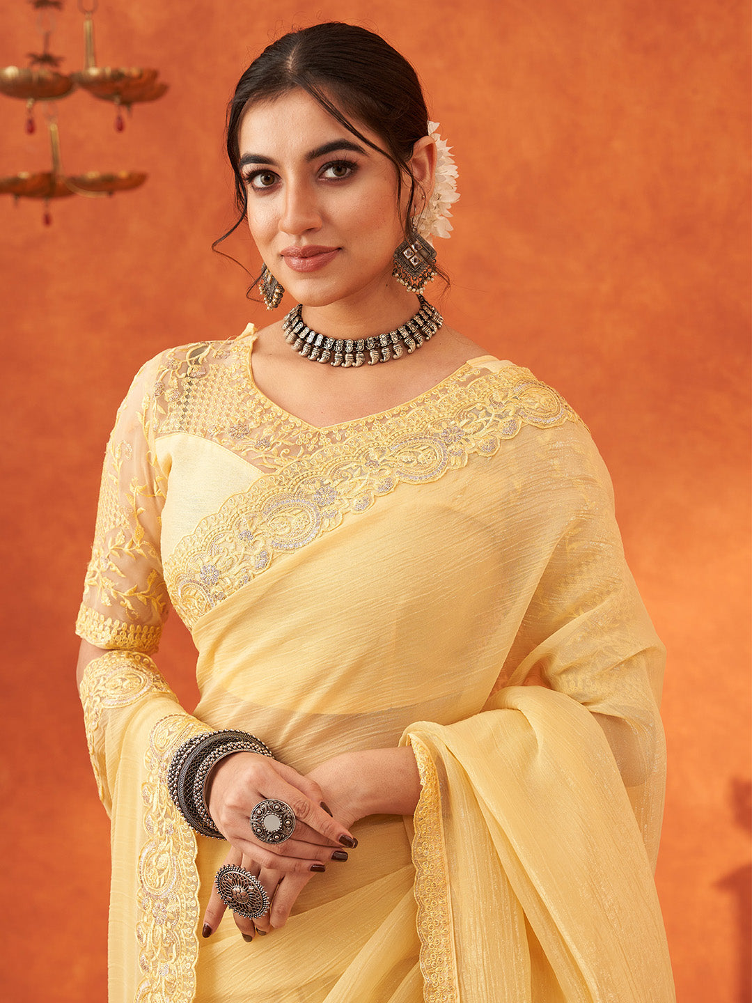 NOZ2TOZ Women's Chiffon Yellow Embellished Designer Saree With Blouse Piece - Distacart