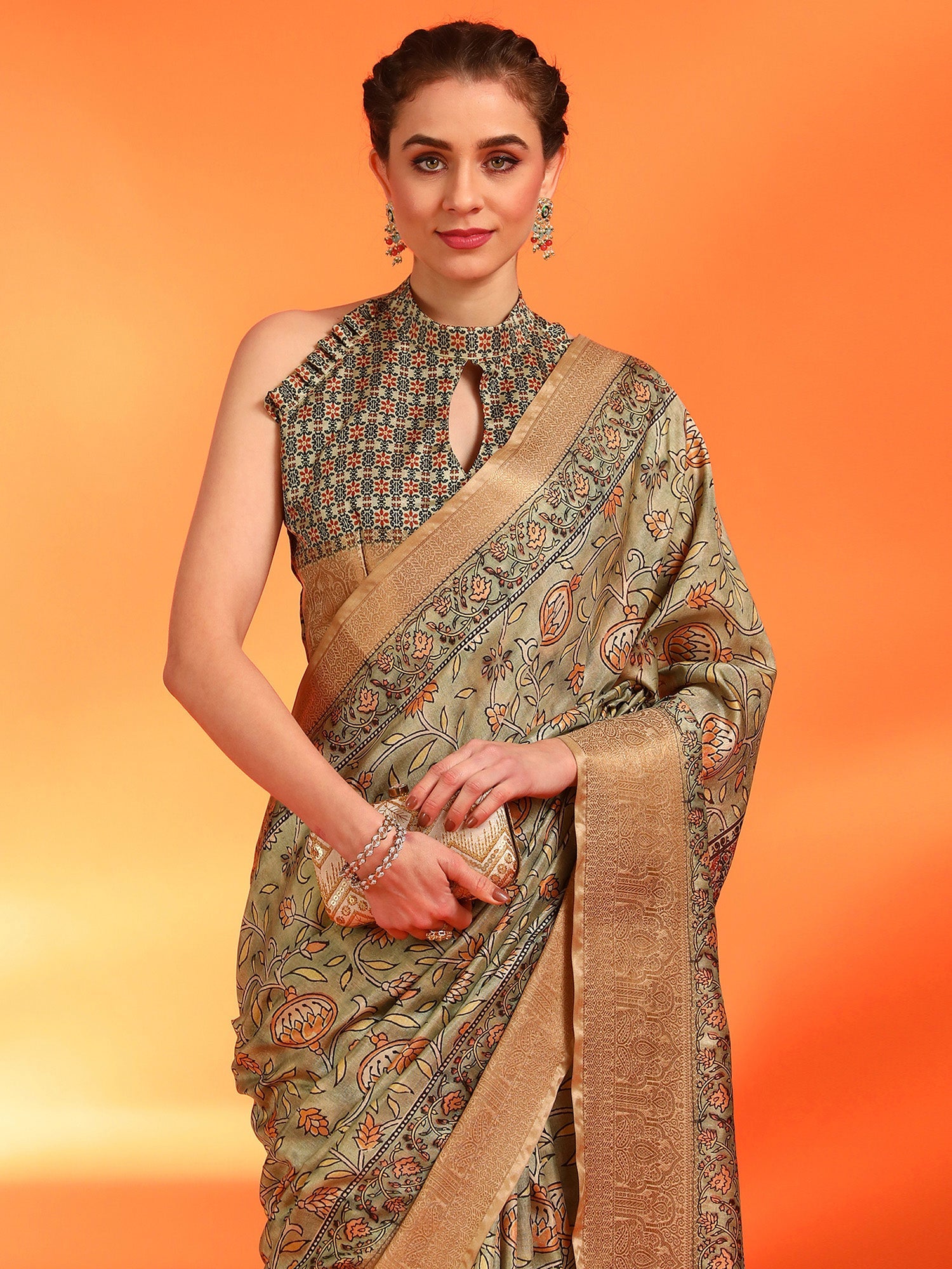 NOZ2TOZ Women's Dola Silk Olive Printed Designer Saree With Blouse Piece - Distacart