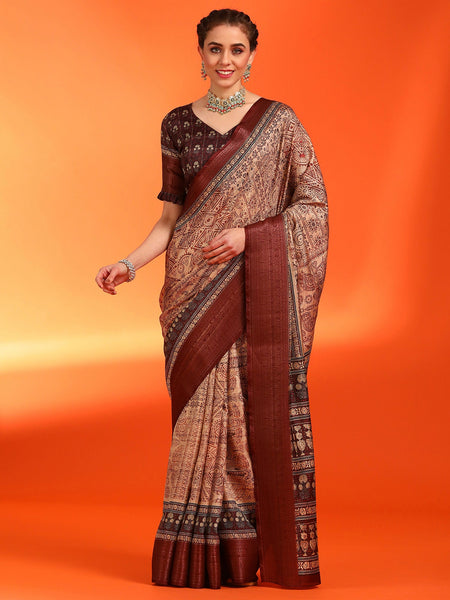 NOZ2TOZ Women's Dola Silk Cream Printed Designer Saree With Blouse Piece - Distacart