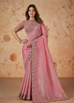 Thumbnail for Pink Banarasi Crush Silk Thread, Sequence, Cord and jari Embroidered with Stone Work Saree - Mohmanthan Dakshika - Distacart