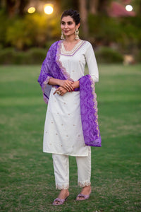 Thumbnail for Lyush Women Party Wear Embroidery Worked Kurta With Pant And Dupatta Set - Off White