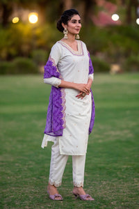 Thumbnail for Lyush Women Party Wear Embroidery Worked Kurta With Pant And Dupatta Set - Off White