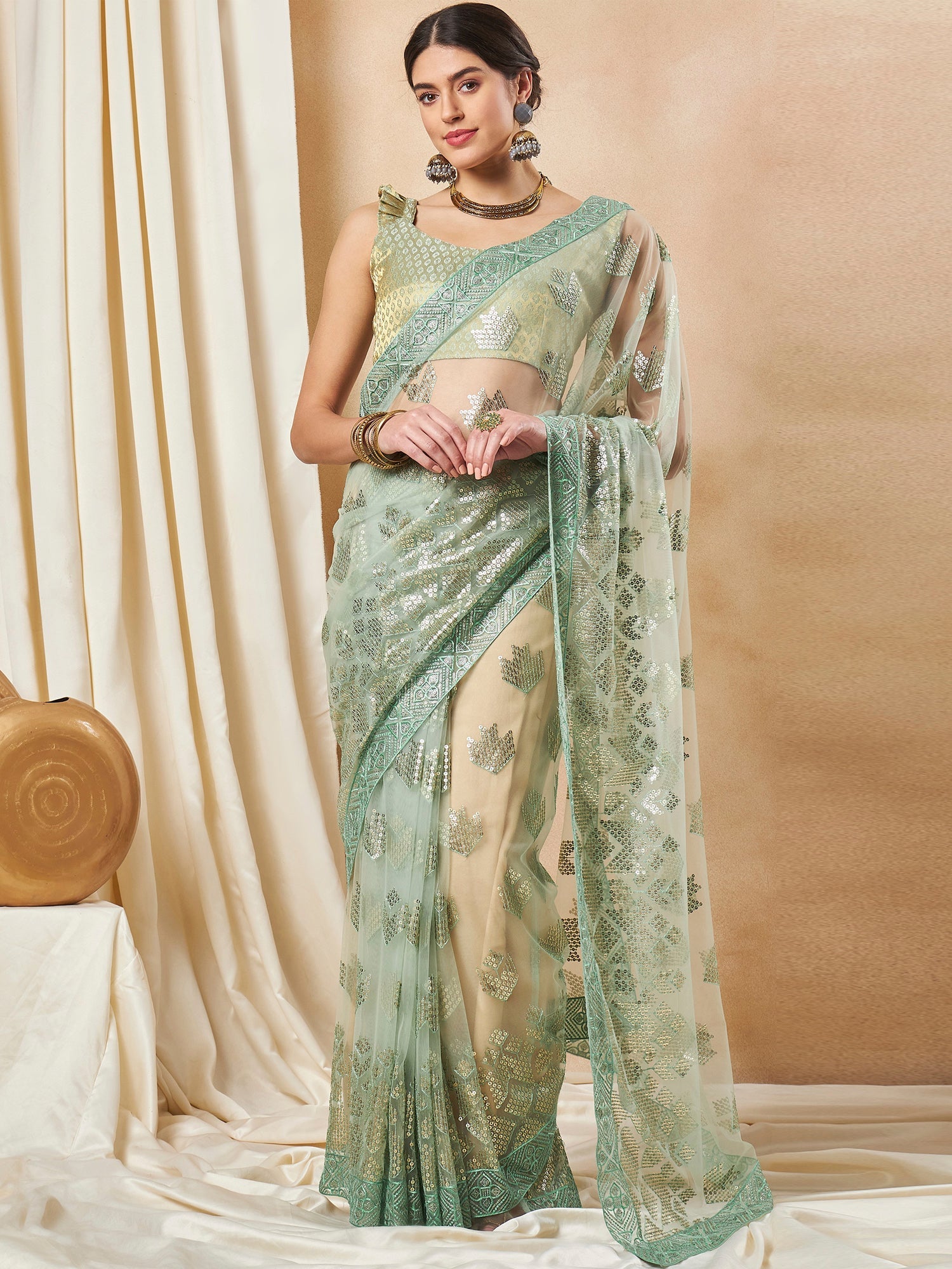 NOZ2TOZ Women's Net Light Green Embellished Designer Saree With Blouse Piece - Distacart