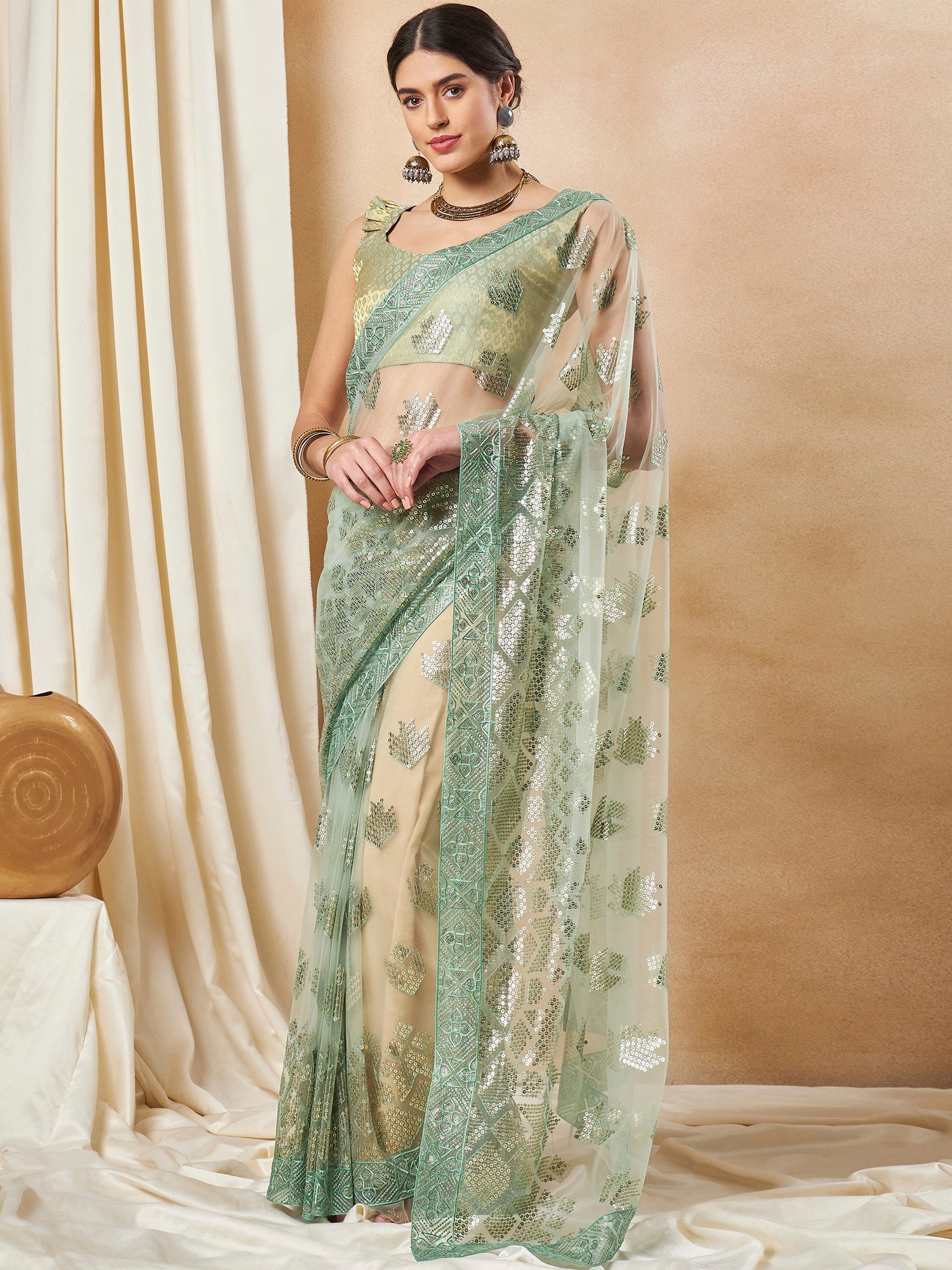 NOZ2TOZ Women's Net Light Green Embellished Designer Saree With Blouse Piece - Distacart