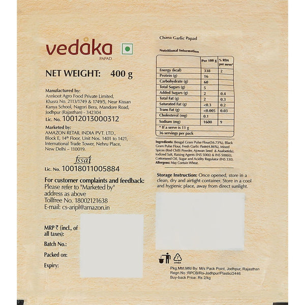 Vedaka Chana Garlic Papad - Distacart