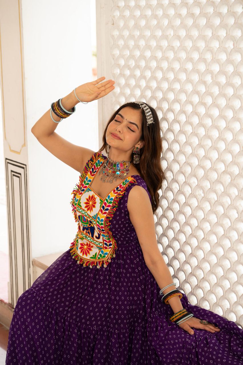 Prazu Fashion Purple Georgette Bandhani Print Work With Kutchi Patch work Navaratri Gown