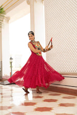 Thumbnail for Prazu Fashion Red Georgette Bandhani Print Work With Kutchi Patch work Navaratri Gown