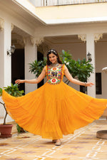 Thumbnail for Prazu Fashion Yellow Georgette Bandhani Print Work With Kutchi Patch work Navaratri Gown