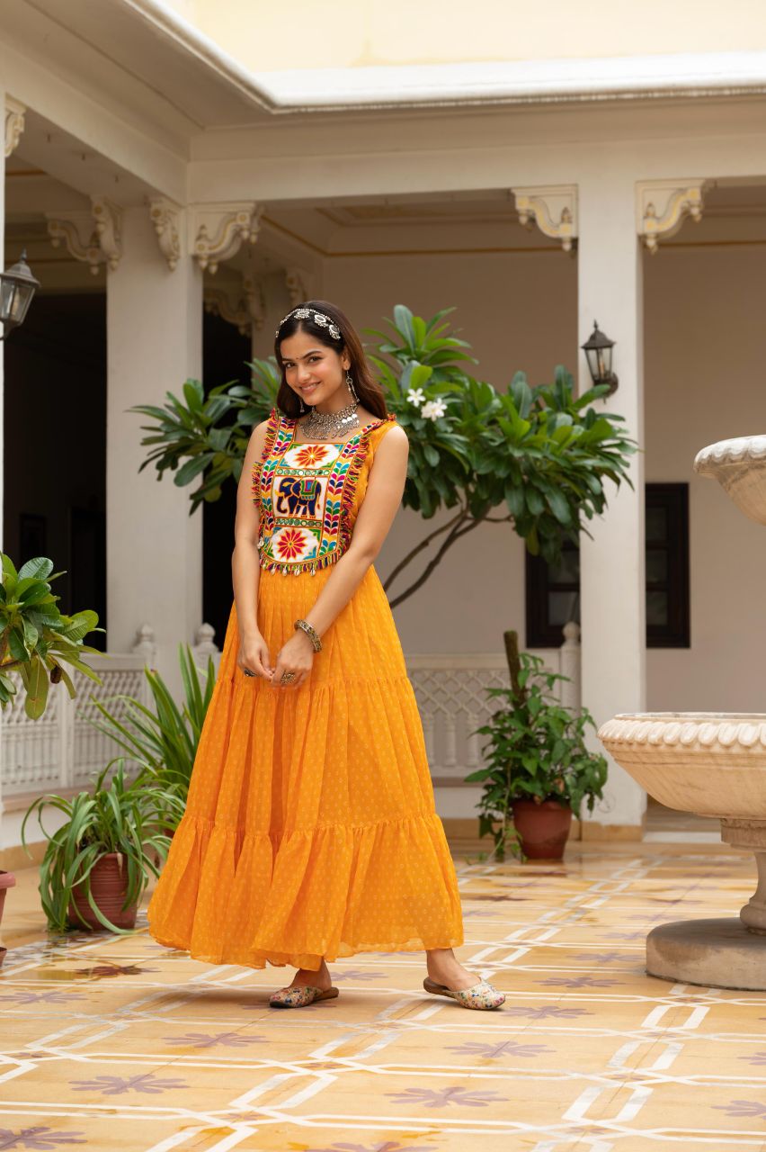 Prazu Fashion Yellow Georgette Bandhani Print Work With Kutchi Patch work Navaratri Gown