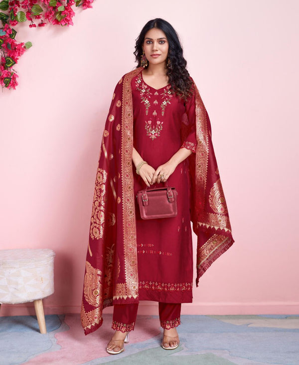 Prazu Fashion Red Viscose Silk Embroidered Salwar Suit