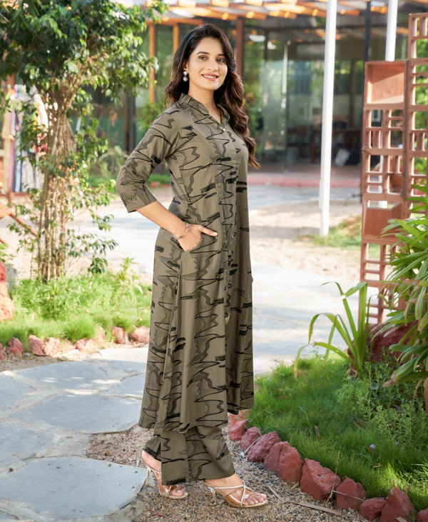 Prazu Fashion Beige Reyon Cotton Print Kurti With Pant