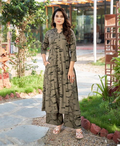 Prazu Fashion Beige Reyon Cotton Print Kurti With Pant