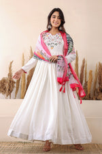 Thumbnail for Prazu Fashion White Vichitra Silk Embroidered Gown With Dupatta