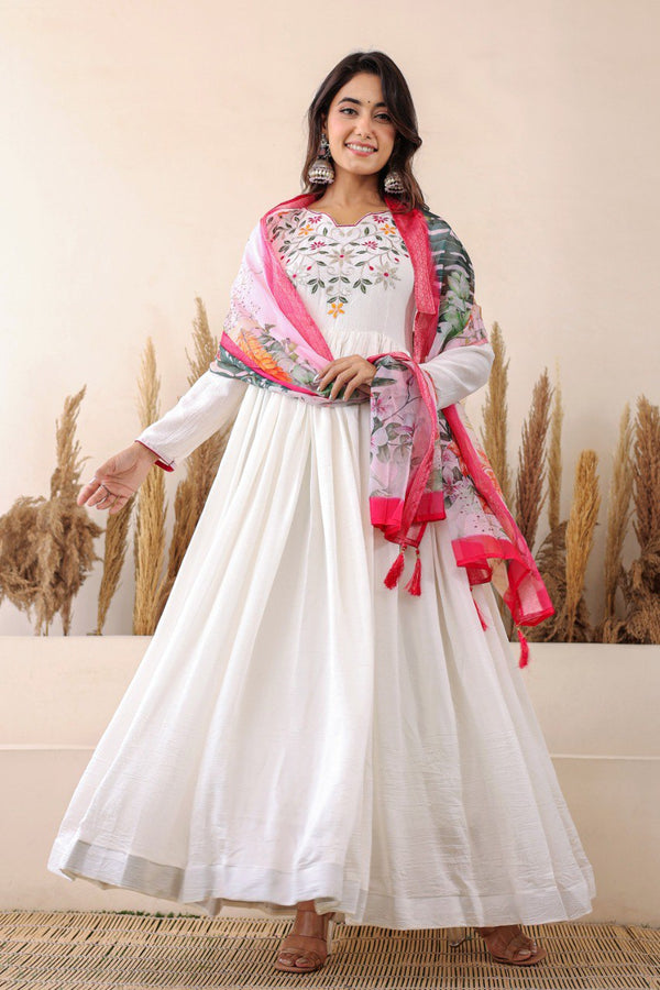 Prazu Fashion White Vichitra Silk Embroidered Gown With Dupatta