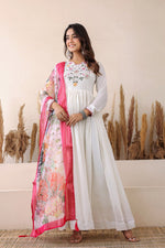 Thumbnail for Prazu Fashion White Vichitra Silk Embroidered Gown With Dupatta