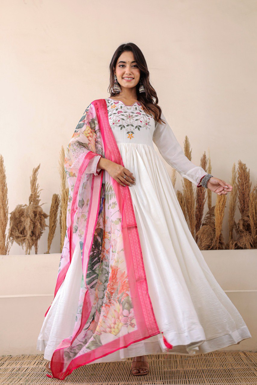 Prazu Fashion White Vichitra Silk Embroidered Gown With Dupatta
