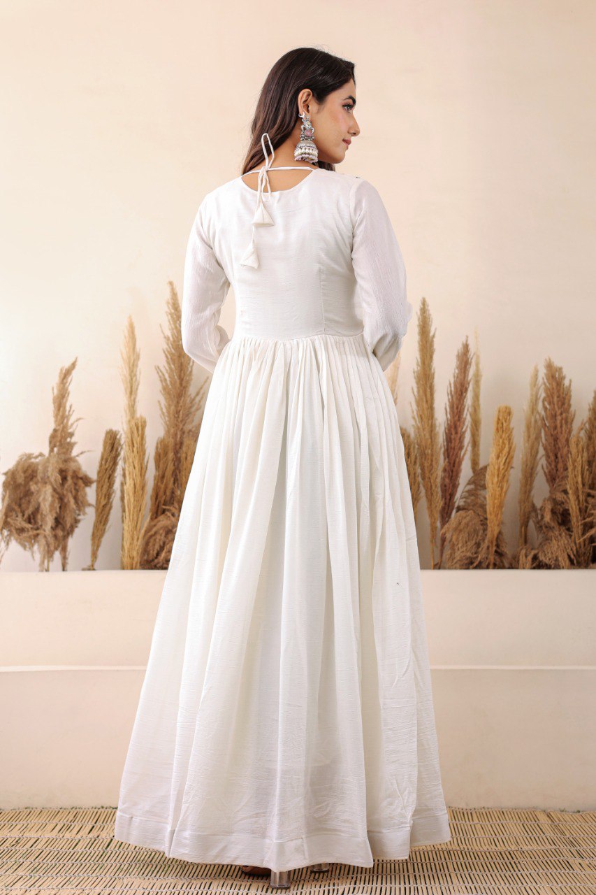 Prazu Fashion White Vichitra Silk Embroidered Gown With Dupatta