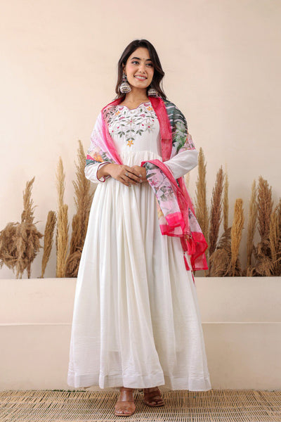 Prazu Fashion White Vichitra Silk Embroidered Gown With Dupatta