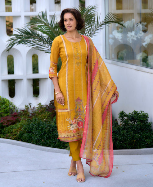 Prazu Fashion Yellow Silk Blend Embroidered Salwar Suit