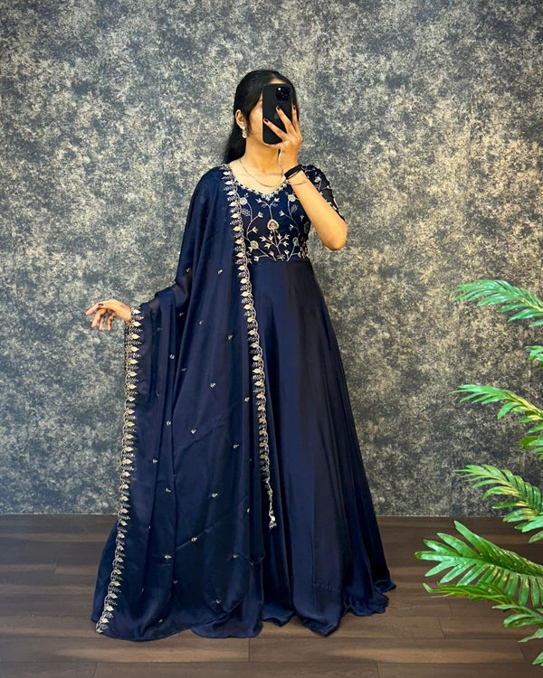 Prazu Fashion Blue Silk Embroidred Gown With Dupatta