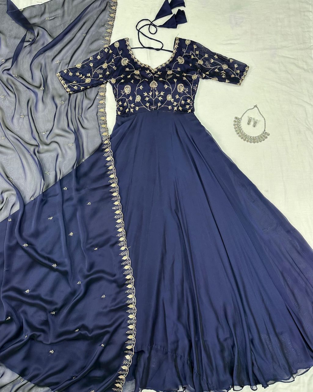 Prazu Fashion Blue Silk Embroidred Gown With Dupatta