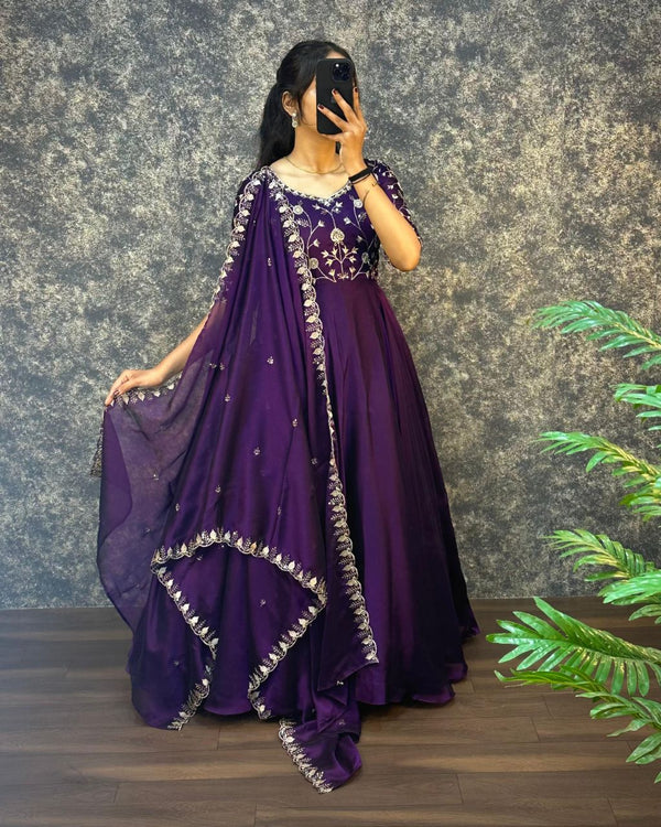 Prazu Fashion Purple Silk Embroidred Gown With Dupatta
