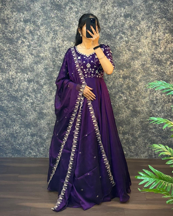Prazu Fashion Purple Silk Embroidred Gown With Dupatta