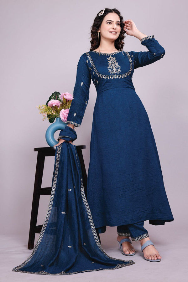 Prazu Fashion Blue Vichitra Silk Embroidered Salwar Suit