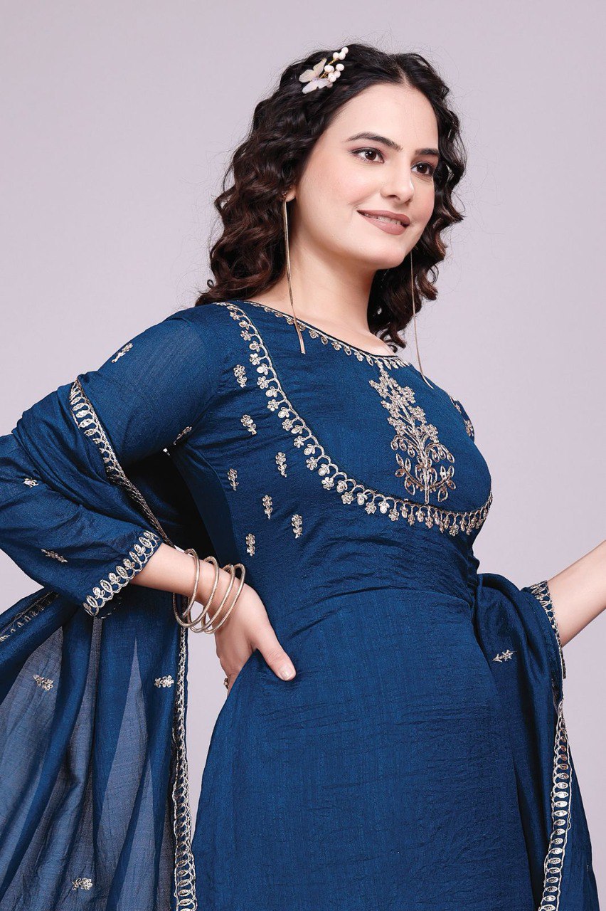 Prazu Fashion Blue Vichitra Silk Embroidered Salwar Suit
