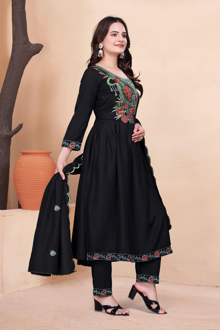Prazu Fashion Black Vichitra Silk Embroidered Salwar Suit