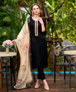 Thumbnail for Prazu Fashion Black Viscose Rayon Embroidered Straight Kurta Set