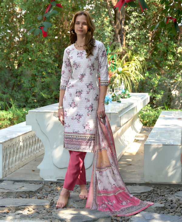 Prazu Fashion Off White Cotton Leaf Embroidered Kurta Set