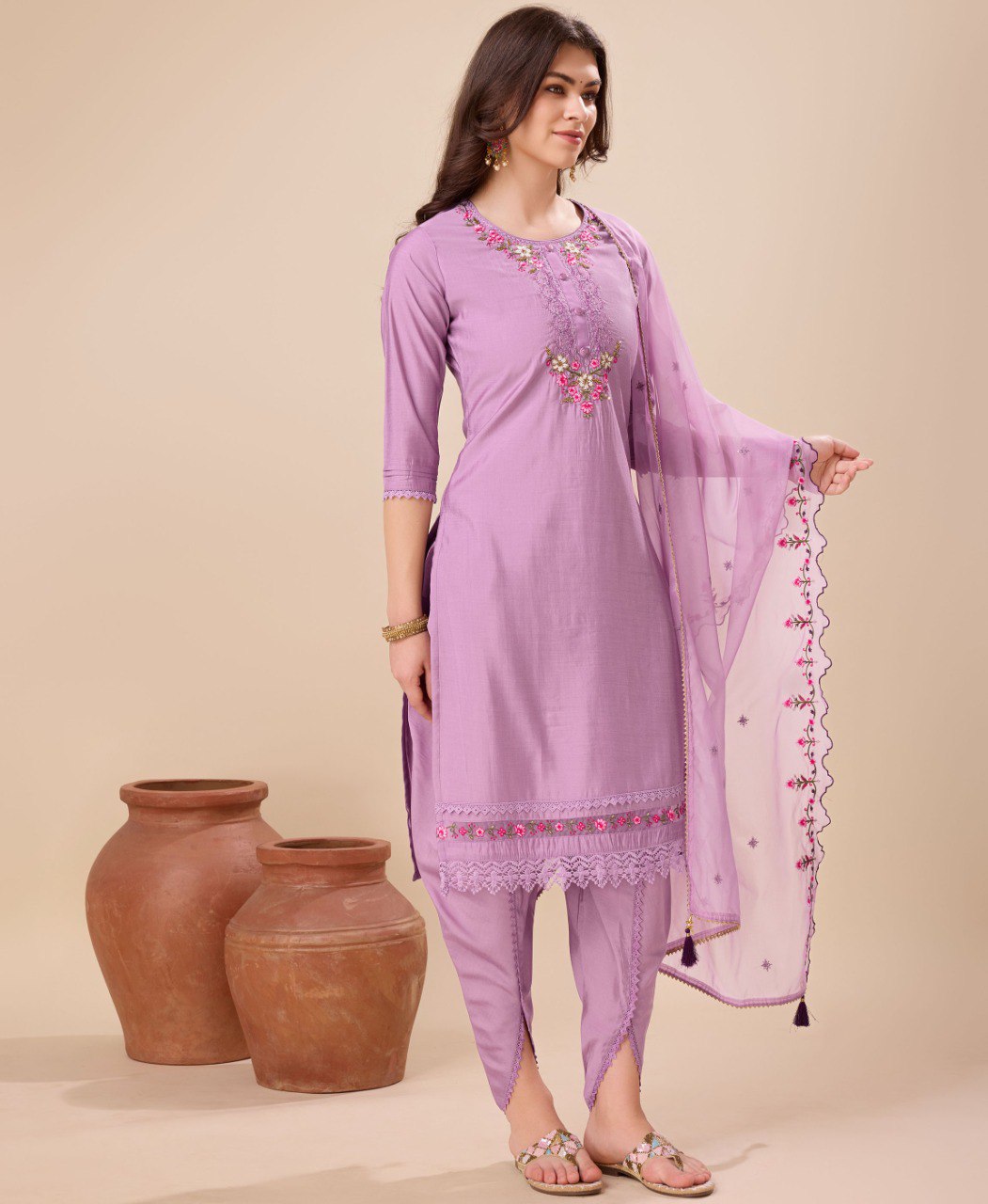 Prazu Fashion Lavender Viscose Silk Embroidered Kurta Set With Dhoti Pant