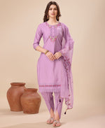 Thumbnail for Prazu Fashion Lavender Viscose Silk Embroidered Kurta Set With Dhoti Pant