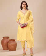 Thumbnail for Prazu Fashion Yellow Viscose Silk Embroidered Kurta Set With Dhoti Pant