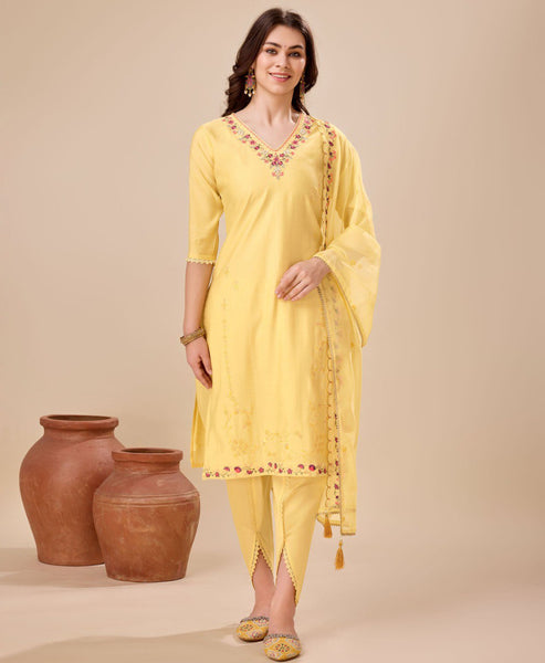Prazu Fashion Yellow Viscose Silk Embroidered Kurta Set With Dhoti Pant