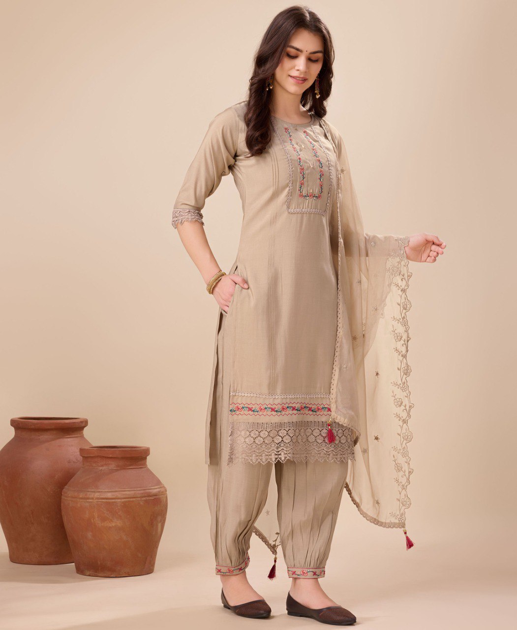 Prazu Fashion Beige Viscose Silk Embroidered Kurta Set With Afghani Salwar