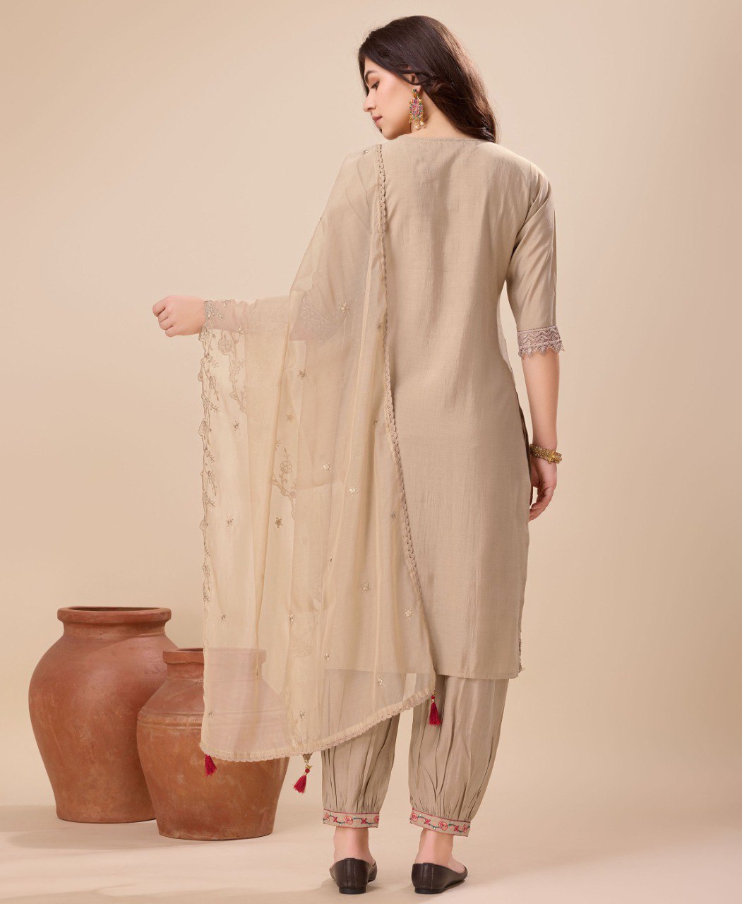 Prazu Fashion Beige Viscose Silk Embroidered Kurta Set With Afghani Salwar